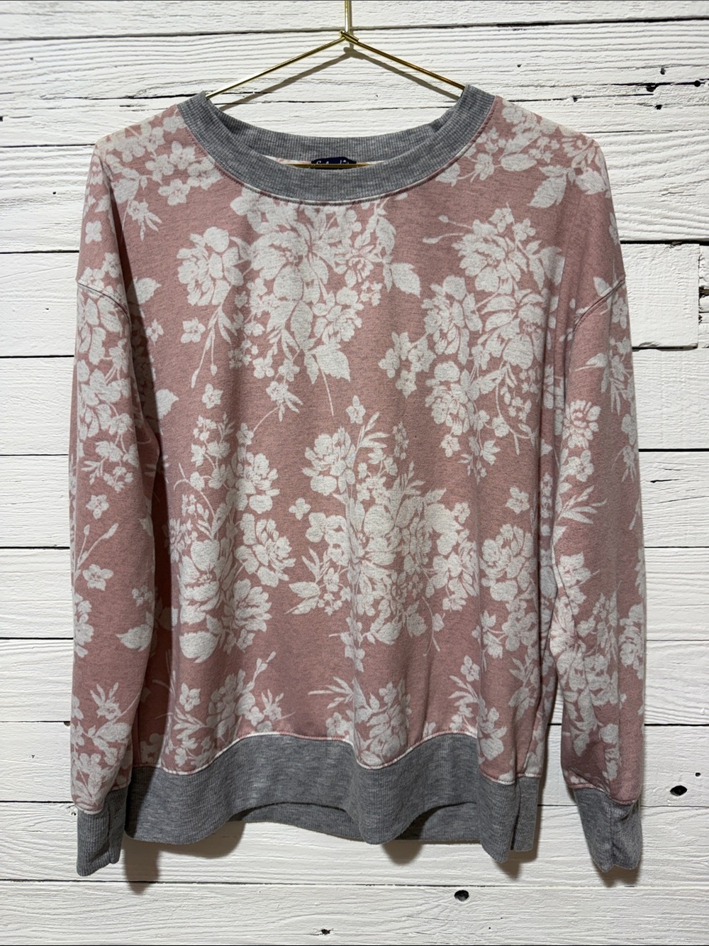 Splendid Pink Floral Crewneck with Gray Trim